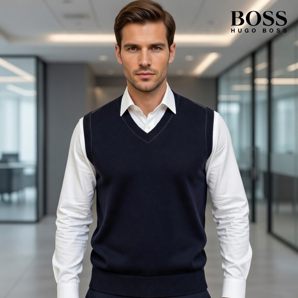 Hugo Boss‎ Orange Label Mens Navy Blue V-Neck Sweater Vest XL 50183981 408